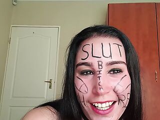 Slut with body writing shows and describes how she wants to be treated, self humiliation