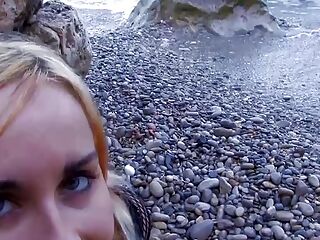 Horny German blonde giving her holes to a wild fucker at the beach