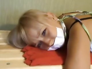 Cute, Barefoot, Gagged Blonde - Bound and Struggling