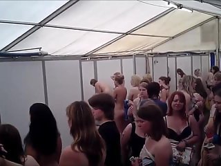 A crowd of women in public shower