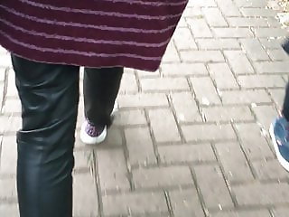 My girlfriend Katharine  walking in leather trousers 