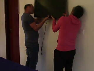 Guys install a TV while the wife gets naked