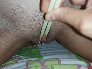 Jerk off her pussy with sushi sticks - Lesbian-illusion