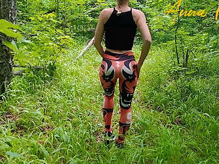 Public masturbation, a girl in leggings walks in nature and 