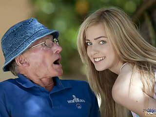 Beautiful teen sucks grandpa outdoor and she swallows it all