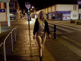 Exhibitionist wife walking nude around a town in England 