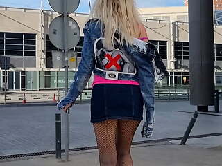 Curvy in ripped tights walking and show her ass public