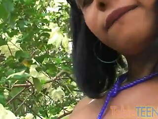 Tobie Teen with small tits Fingering her pussy at the garden