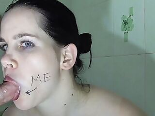 Hot bitch sucks dick and gets cum on her face. Sex service in the bathroom
