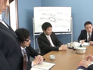 Sexy Asian office girl blows her coworkers