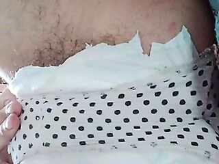 Huge pad in white panties.