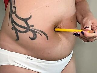 FTM hairy fucks big hairy belly button with a pencil.  