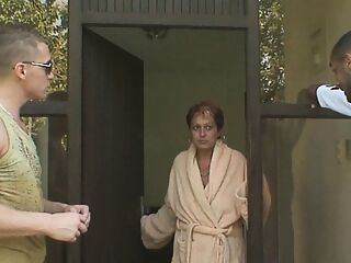 Two big-cocked guys share hot granny neighbor