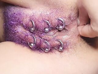  Purple Colored Hairy Pierced Pussy Get Anal Fisting Squirt 