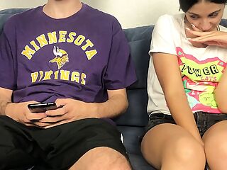 Step Sister Spotted Step Brothers Big Dick Through Shorts And Couldn't Resist! Mutual Handjob Orgasm