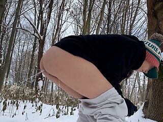 He pissing inside my young ass in the forest on snow 
