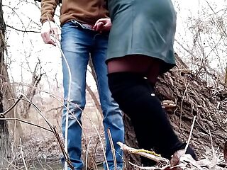 Mother in law in leather skirt sucks my cock outdoors after helping me pee