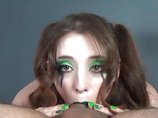 Big Titty Goth Bitch with GREEN Lipstick & Makeup Gets Cum Shot Directly Into Her Stomach!