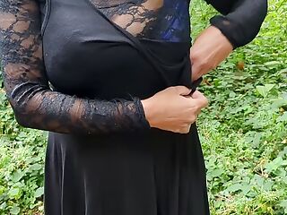 French milf with huge natural tits strips outside for me in the woods with a dildo inserted in her pussy wife dare flashing 