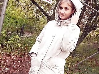 Cute shy Student teen try outdoor date with german pick up guy