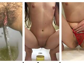 COLLECTION A girl pees in the toilet, a brunette pees in her panties and in the dishes. Hairy pussy close up