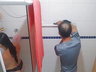 naughty old stepfather watches his stepdaughter in the shower! and made her give a blowjob, and feel his dick in her pussy!