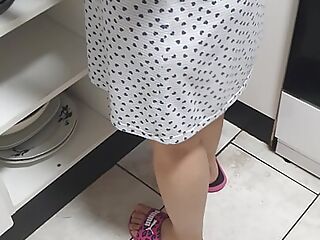 Step son in the kitchen lift up step mom skirt showing her ass without panties 