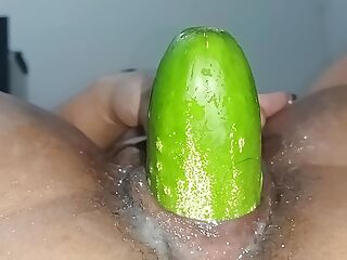 the best POV of a pussy ejaculating multiple times with a very thick cucumber in her pussy