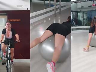 Hot Teen with Big Tits and Perfect Ass in the Gym warming up for Sex in Doggy. Huge Cum on Asshole