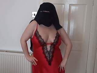 Pale Skin MILF in Niqab and Red Silk Lingerie Dancing Striptease