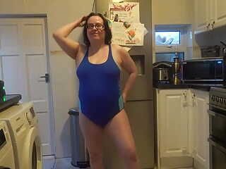 Wife with Big Breasts Dancing in Tight Blue Swimsuit