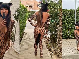 Horny Cat Costume with Butt Plug Tail Public Challenge - Asian Latin DaringKiara Exhibitionist Risky Public Nudity Challenge