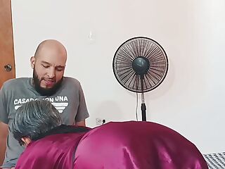 My stepbrother caught me masturbating in the middle of a video call and helps me finish - Porn in Spanish. I'm in my room on a v