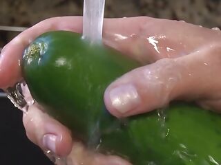 A Desperate Housewife Uses Cucumber and Carrot as a Substitute for a Big Hard Cock