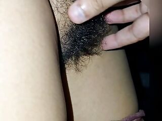 Husband playing with my dark hairy pussy