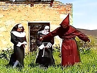 Two nuns love to fuck in threesome outdoor