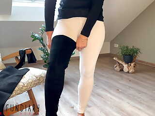 Hot Slut Wearing White Leggings, Black Suede Overknee Boots and Latex Gloves for Spreading Ass Sex - Projectfundiary