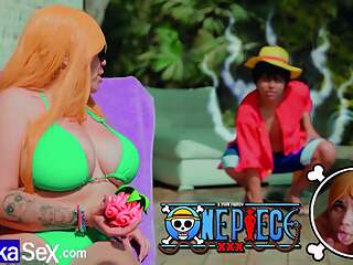 Cosplay - Nami SUPER BUSTY is fucked by Captain Luffy inside his crew looking for the ONE PIECE.