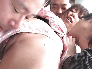 Adorable Japanese maid moans while a bunch of dudes pound her