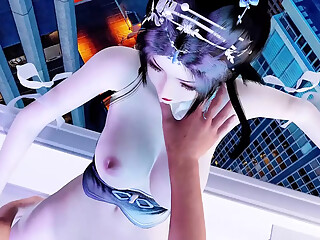 3D horny slut Asian whore wearing sexy dress have hardcore footjob sex