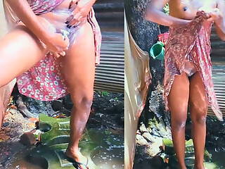 Desi Stepmom Bathes Outside and Shaves Her Hairy Pussy in Front of The Camera