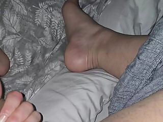 Step mom hand slip into step son big dick behind his legs