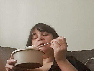 Stepmother having lunch and stepson asks to see more of what he likes about her