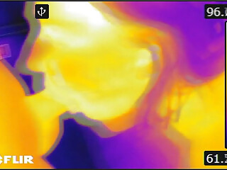 We play with a FLIR thermal imager and he blows a HOT load on my tits after BJ