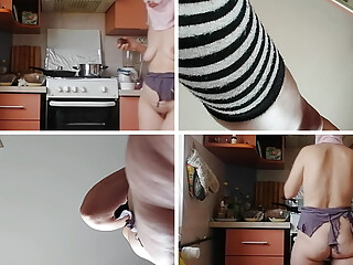 Amateur hairy brunette, big tits, sensual hairy woman in the kitchen. Sexy milf, hairy pussy, big ass