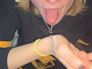 Hockey mommy sucks cock on her knees