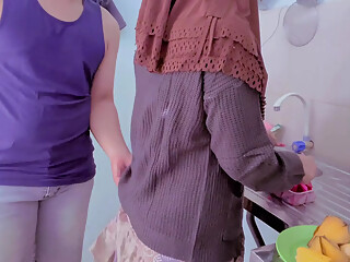 Budhe cooking harassed by naughty stepbrother