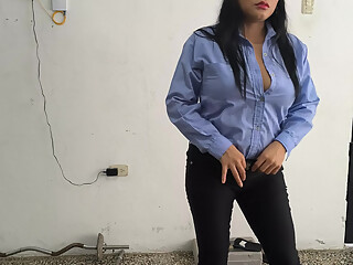 A female police officer is home, ready for her work break. She's a sweet, busty woman.