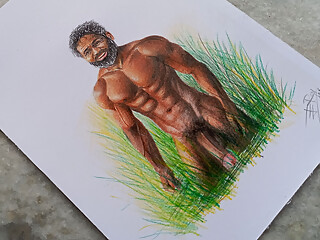Erotic Art Or Drawing of A Muscular Indian Desi Man exhibition his Big Black Cock outdoors among the Grasses