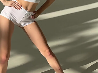 morning yoga in very short shorts - cameltoe